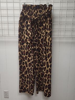 Vamp,High-Waist Leopard Print Wide Leg Pants -Large